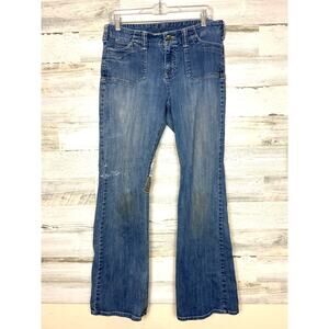 London Jeans Women’s 12 Blue Patchwork Flare low rise Distressed Denim Jeans